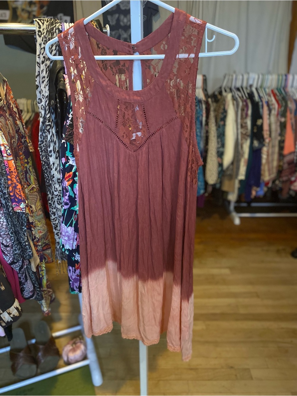 Patrons of Peace Rust and Blush Lace Yoke Dip-Dye Ombré Tunic